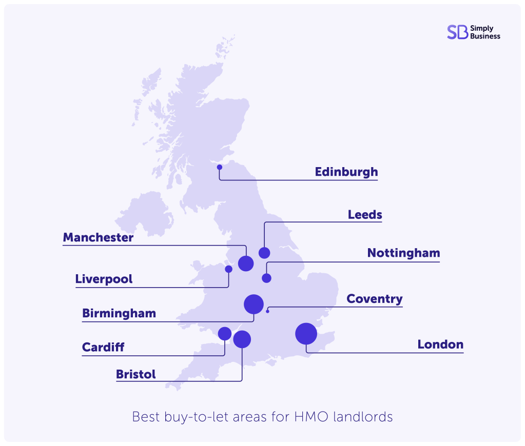Map showing the best buy-to-let areas for HMOs in 2024