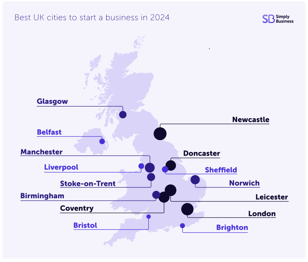 Map showing top 15 UK cities to start a business