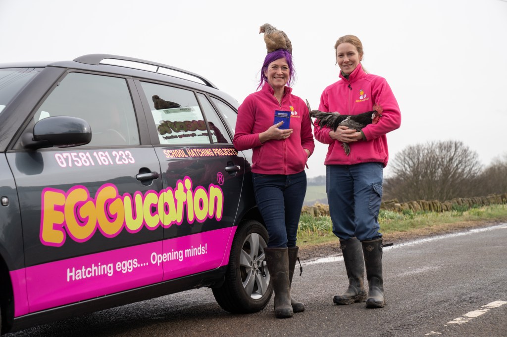 Eggucation founders with car and poultry