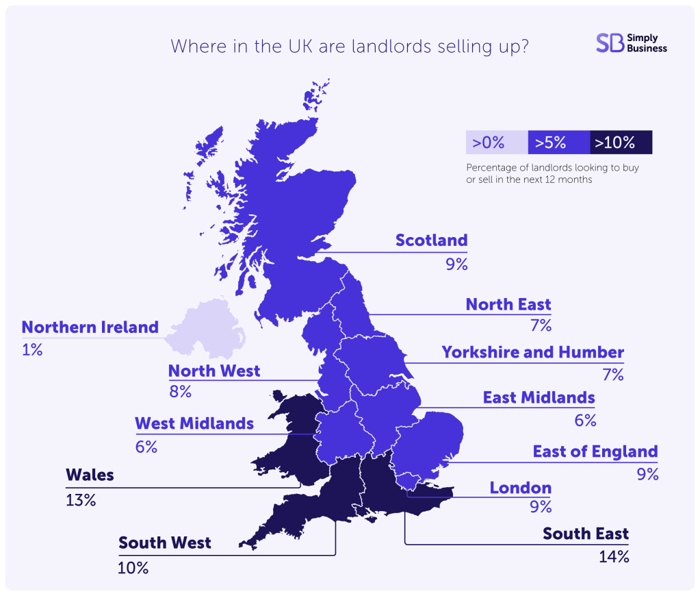 A map showing the locations where landlords are planning to sell buy-to-let properties in the UK