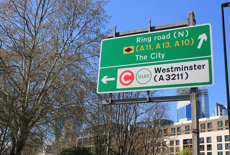 London road sign showing the Ultra Low Emission Zone