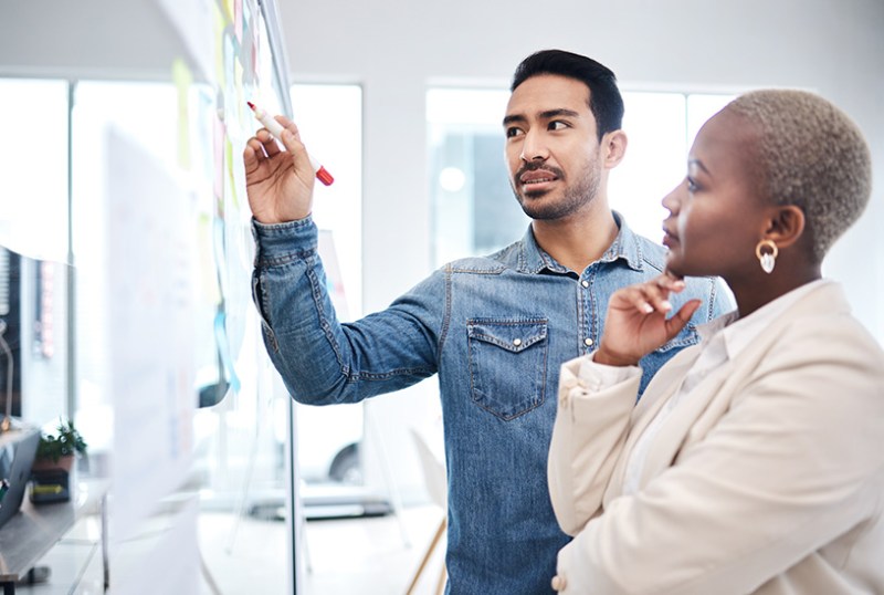 Business owners setting goals on a board