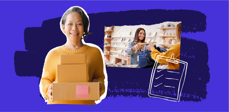 Business owner holding a box in the foreground, with shop transaction taking place in the background