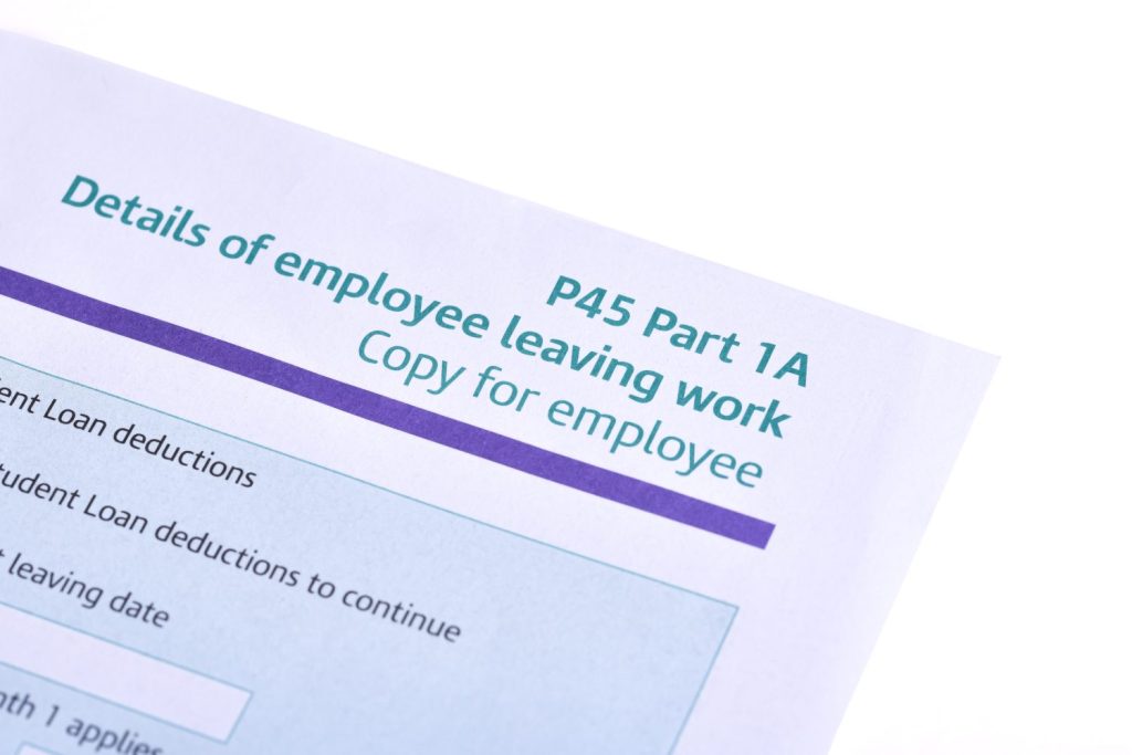 P45 tax form, details of employee leaving work