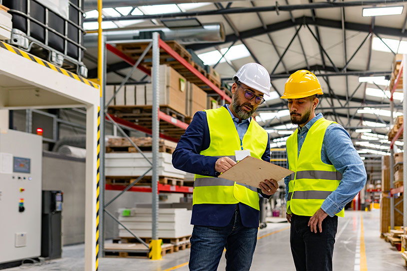 An employer talks to his worker in a warehouse, wearing high-vis vests