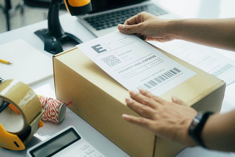 Hands attaching a shipping label to a package as part of GPSR